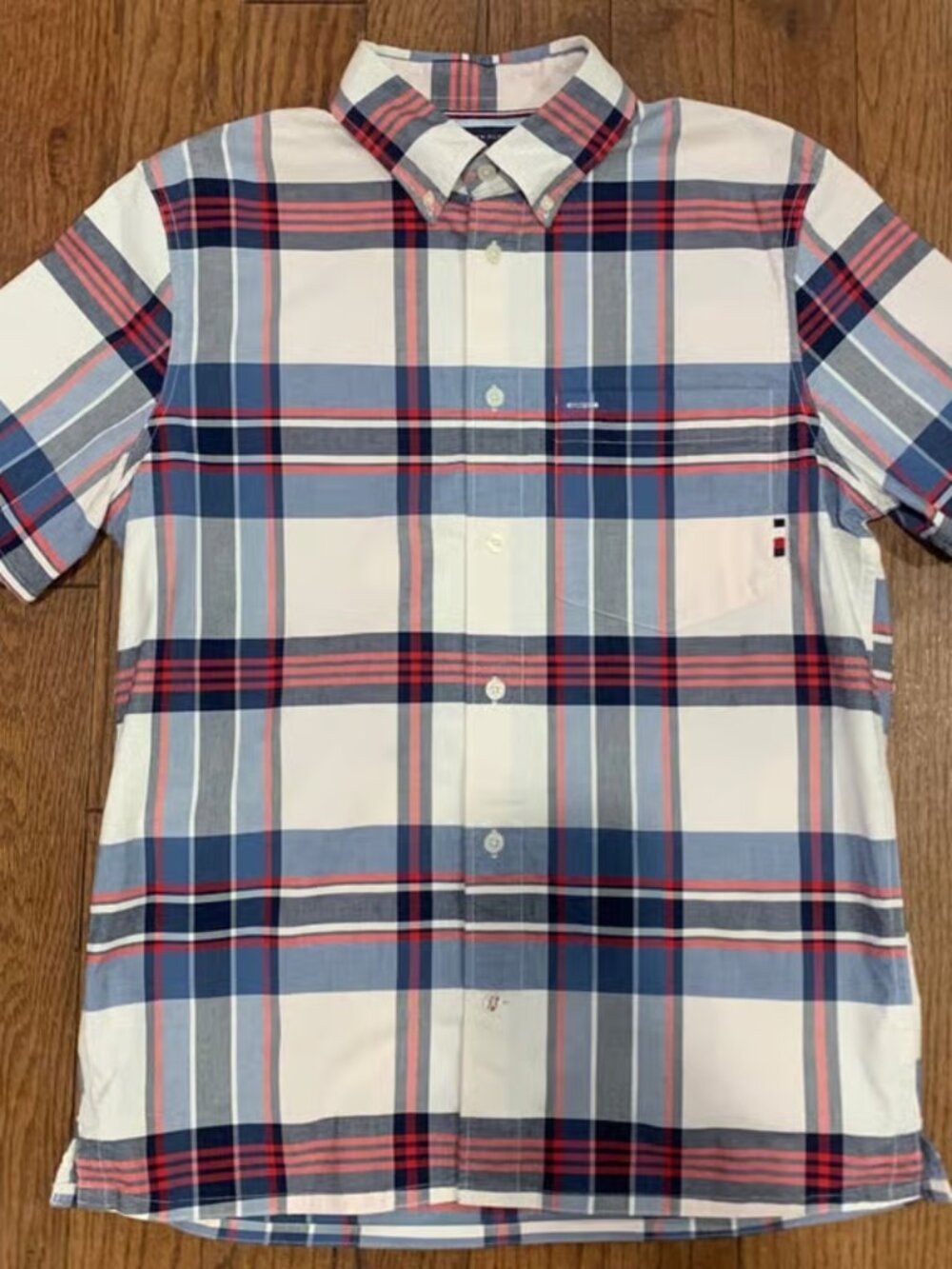 Vintage Tommy Hilfiger Men’s Oxford Shirt M Plaid Short Sleeve Red Blue White
